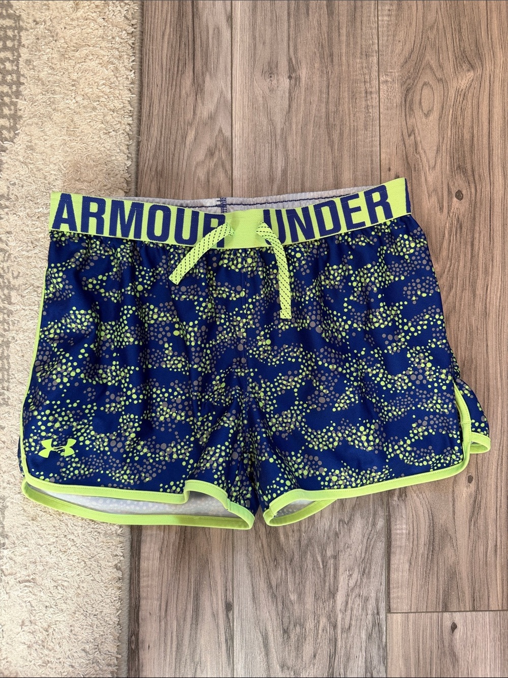 Under Armour Big Girls Play Up Navy Athletic Shorts with Neon Green Accents